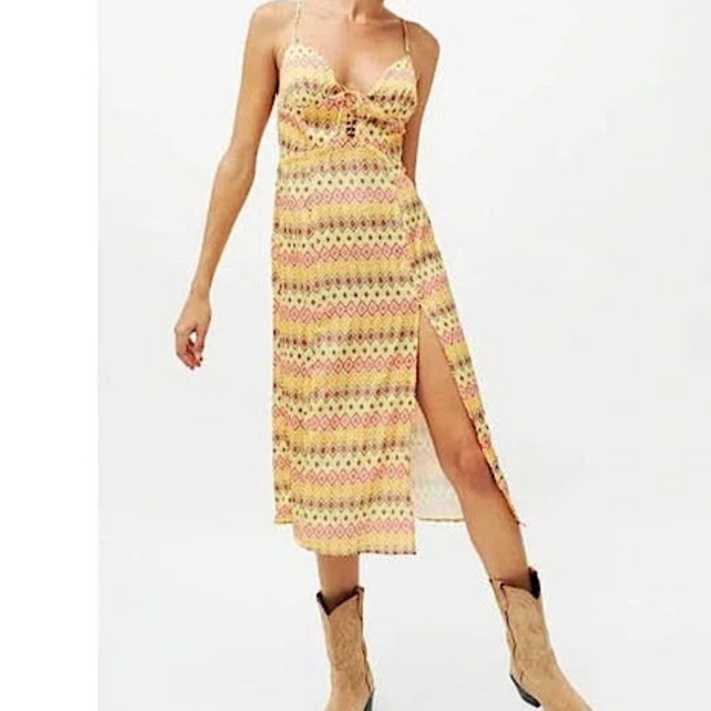 Urban Outfitters Vibrant Yellow Patterned Vacation Midi Slip Dress